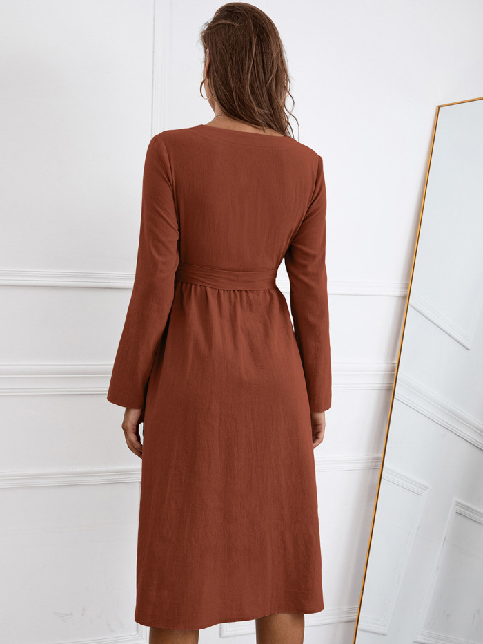 Elegant Women Solid Color V-Neck High Waist Midi Dresses