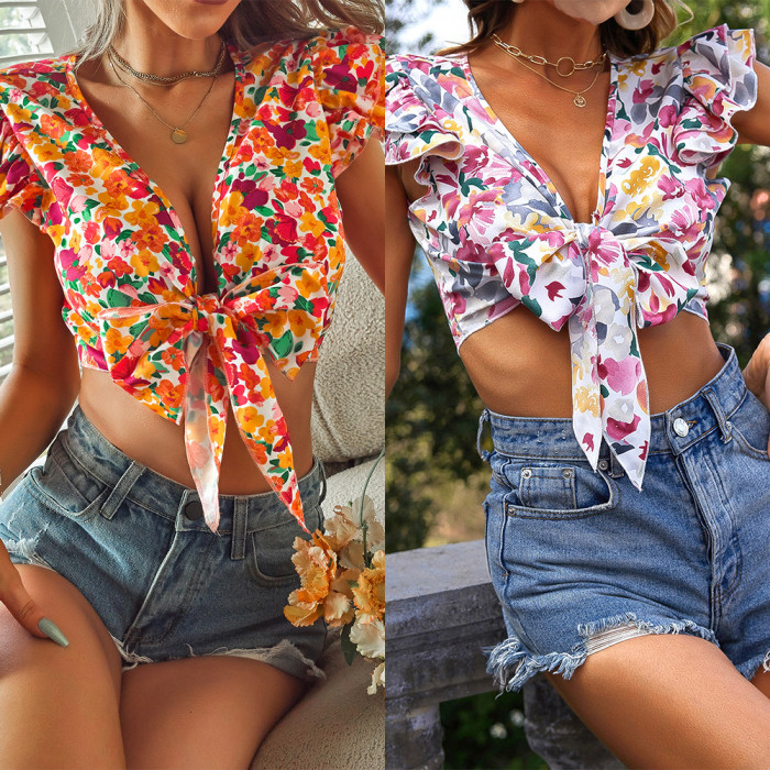 Women's Ruffle Print Lace-Up Holiday Beach Casual Top Blouse