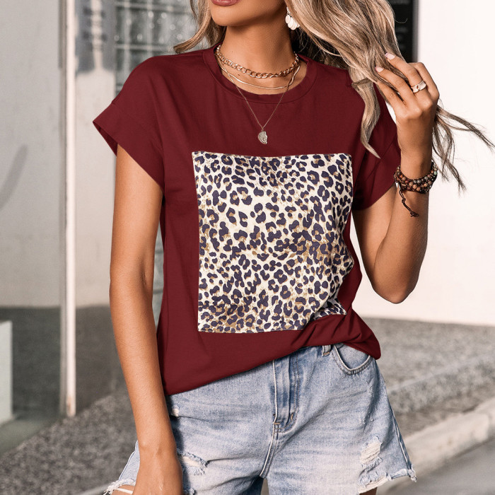 Women's Leopard Print Stitching Round Neck T-Shirts