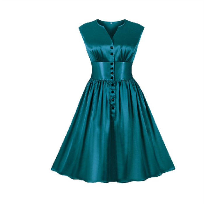 Women's Solid Color High Waist Sleeveless Elegant V-Neck French Vintage Dress