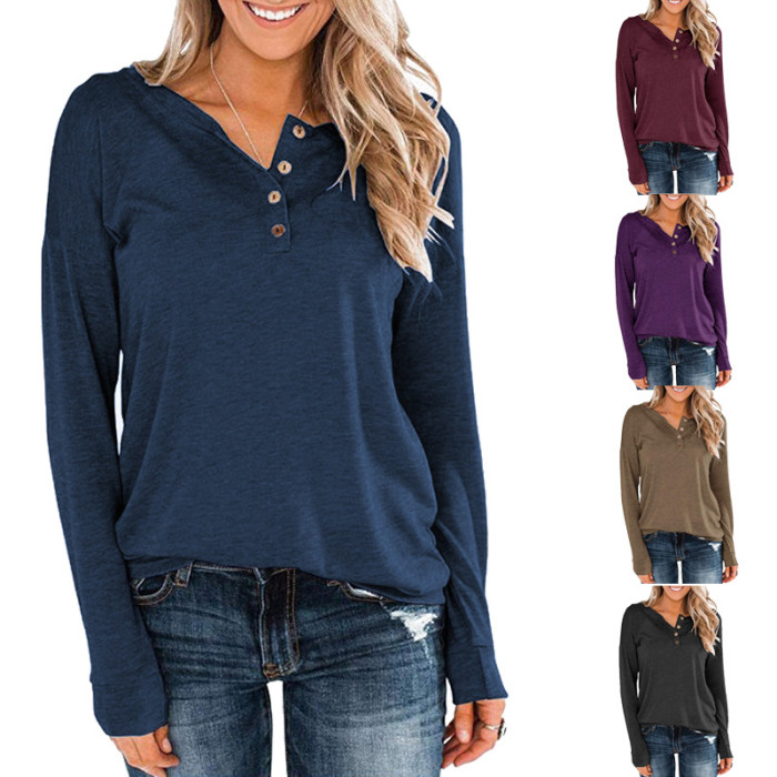 Women's Casual Solid Color Loose Long Sleeve Crew Neck Shirts