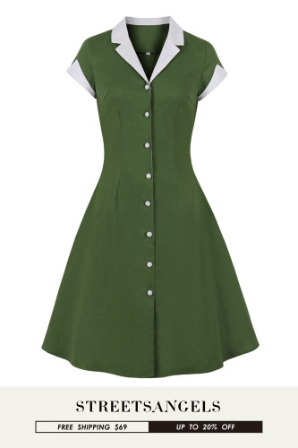 Women's A-line Lapel Cotton Party Waist Thin Solid Color Large Swing Vintage Dress