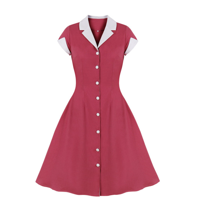 Women's A-line Lapel Cotton Party Waist Thin Solid Color Large Swing Vintage Dress