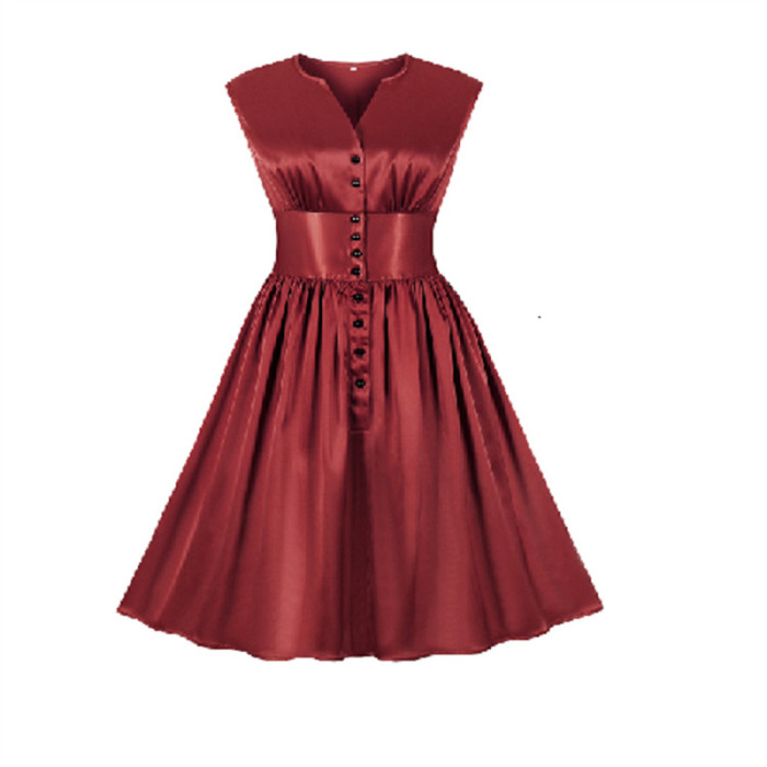 Women's Solid Color High Waist Sleeveless Elegant V-Neck French Vintage Dress