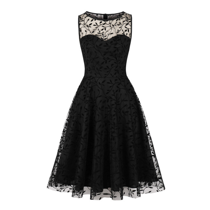 Fashion Sexy Mesh Embroidered Elegant Round Neck Party Vintage Dress