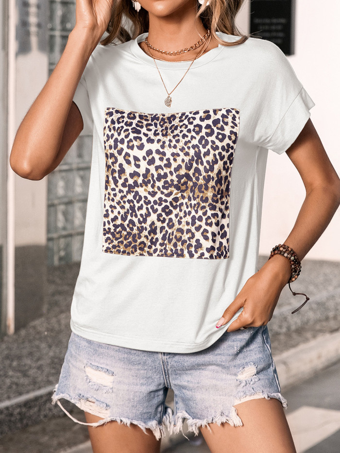 Women's Leopard Print Stitching Round Neck T-Shirts