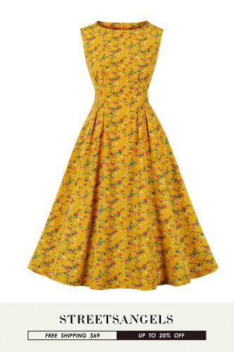 Women's O Neck Sleeveless Floral Print Fashion Party Vintage Dress