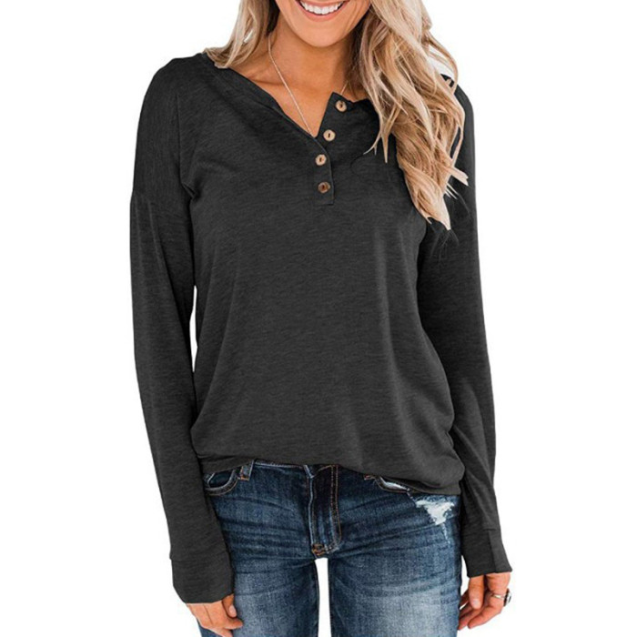 Women's Casual Solid Color Loose Long Sleeve Crew Neck Shirts