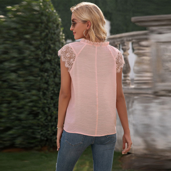 Fashion Lace Patchwork V-Neck Hollow Out T-Shirts