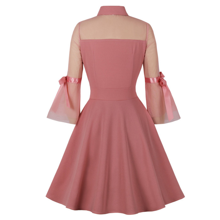 Cutout A-Line Elegant Half Sleeve Bow Party Vintage Dress