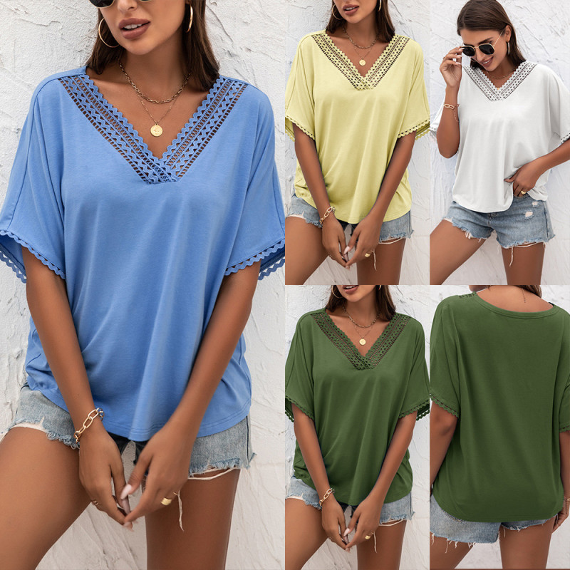 Summer Sexy Hollow Design Stitching Sexy V-neck Loose Knitted T-Shirts