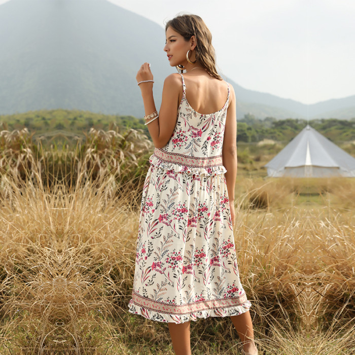 Printed Sexy Sling Fashion Casual Open Back Sleeveless  Vacation Dress