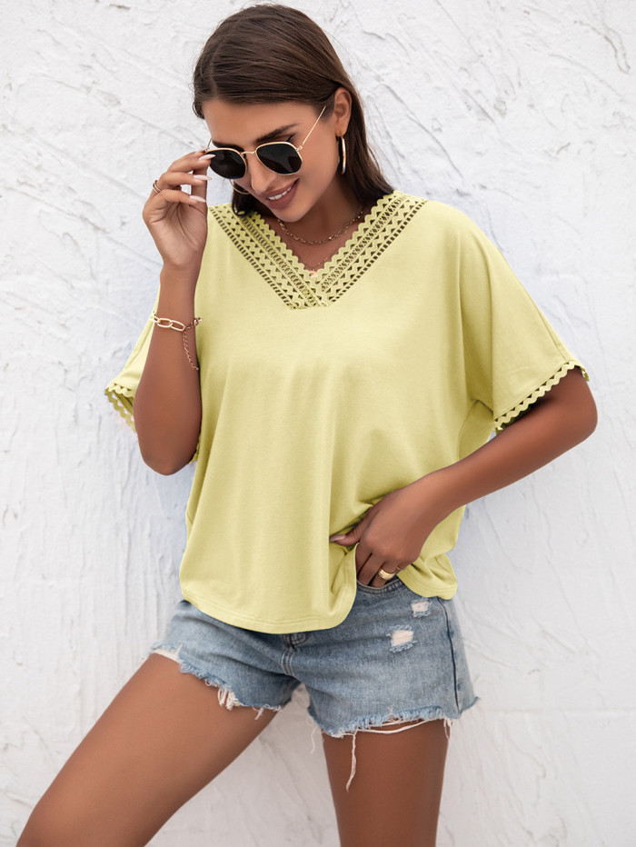 Summer Sexy Hollow Design Stitching Sexy V-neck Loose Knitted T-Shirts