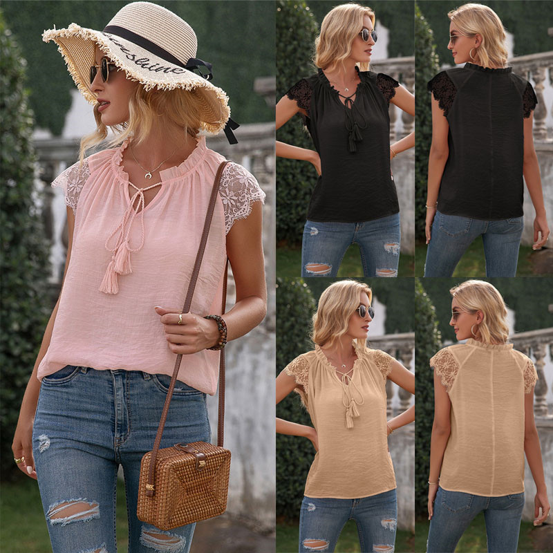 Fashion Lace Patchwork V-Neck Hollow Out T-Shirts