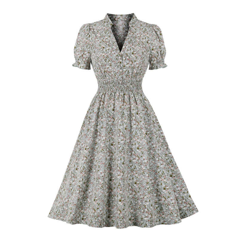 Fashion Casual Elegant Print V-Shaped Beach A-Line  Vintage Dress