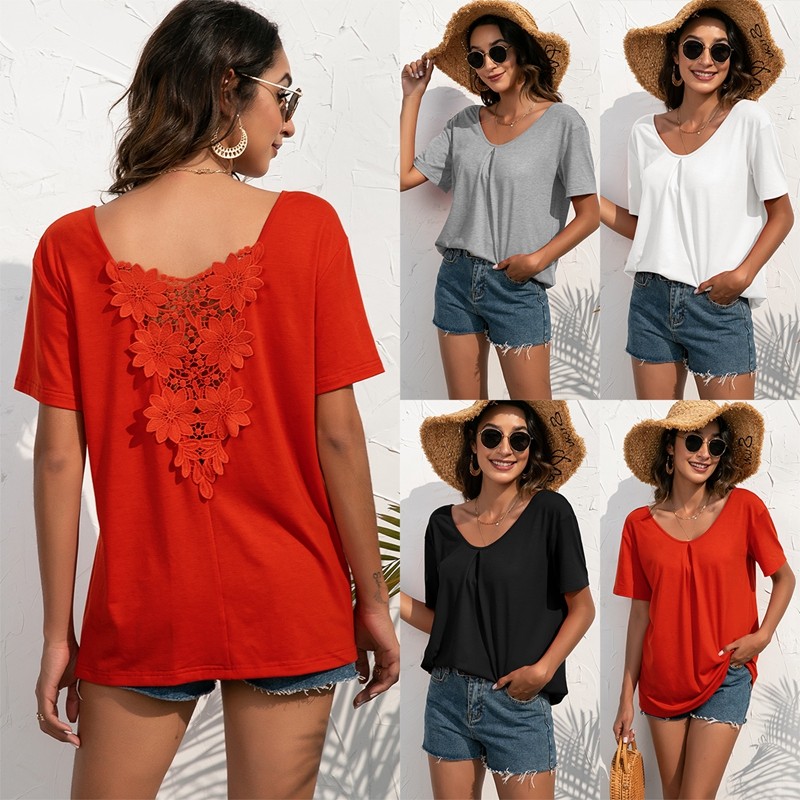 Women Casual Tops Lace V-Neck Pullover Short Sleeves T-Shirts