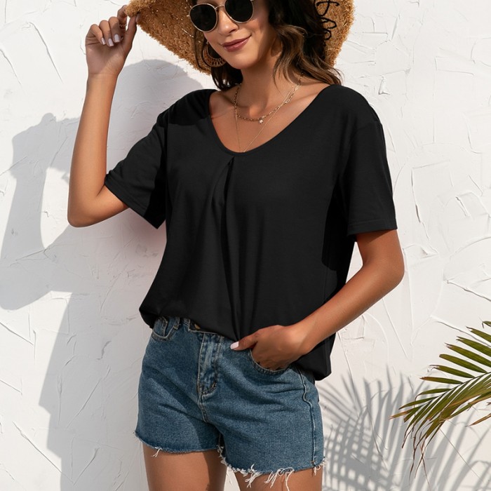 Women Casual Tops Lace V-Neck Pullover Short Sleeves T-Shirts