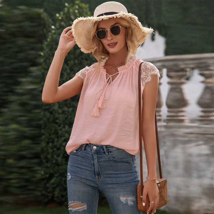 Fashion Lace Patchwork V-Neck Hollow Out T-Shirts