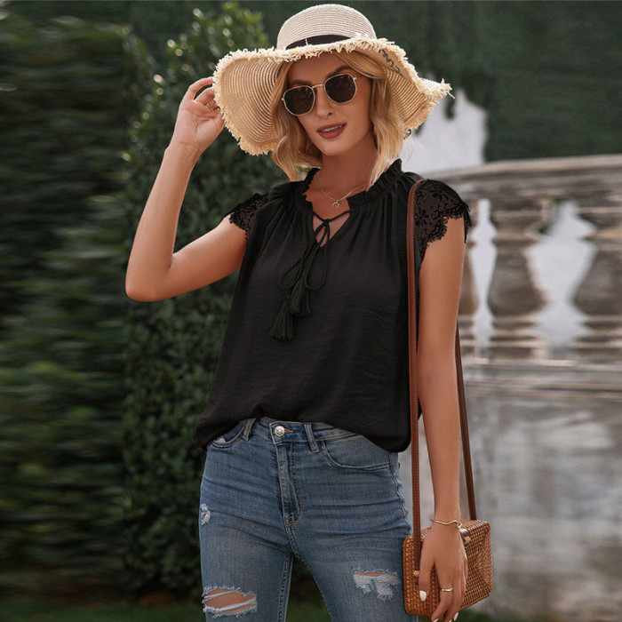 Fashion Lace Patchwork V-Neck Hollow Out T-Shirts