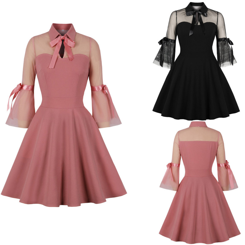 Cutout A-Line Elegant Half Sleeve Bow Party Vintage Dress