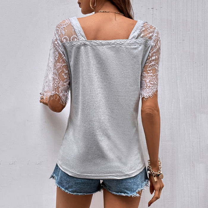 Women's Lace V-Neck Solid Color Temperament Casual Loose T-Shirt