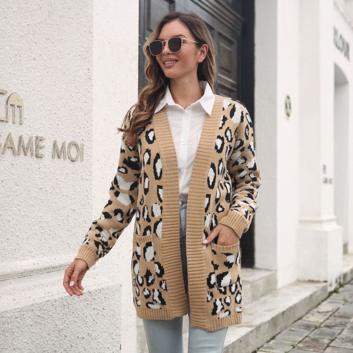Women Fashion Leopard Pattern Loose Knitted Cardigan