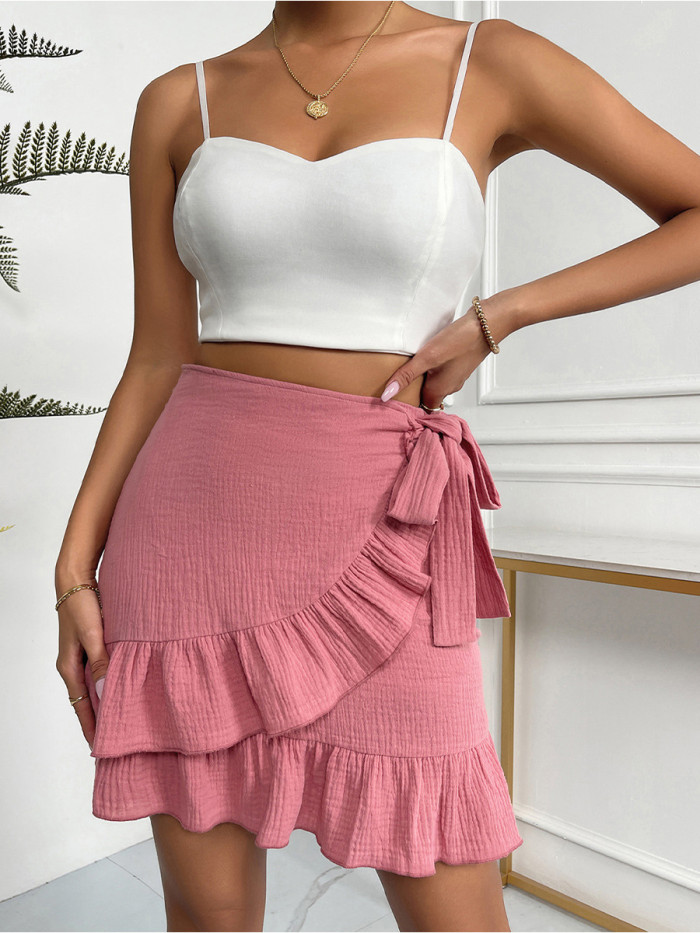Sexy Ruffle Tie Sweet Solid Fashion Mini Skirt