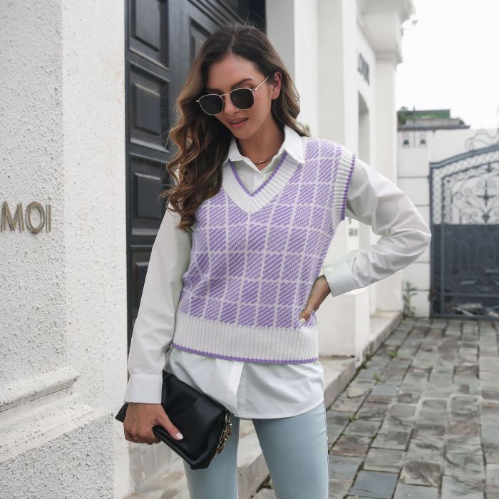 Retro Fashion Diagonal Stripe V-Neck Loose Versatile Sweater Vests