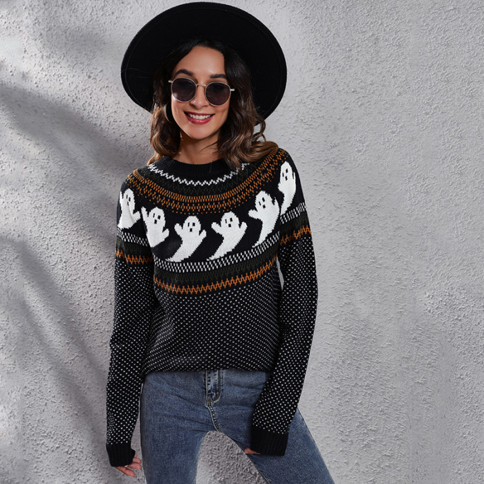 Women's Loose Fashion Skull Jacquard Retro Polka Dot Sweaters