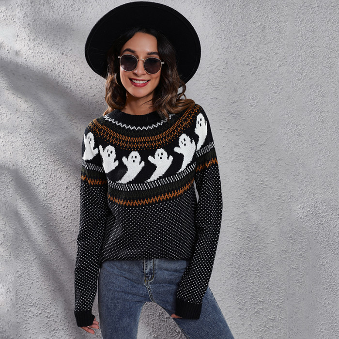 Women's Loose Fashion Skull Jacquard Retro Polka Dot Sweaters