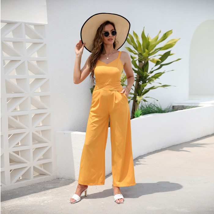 Yellow V-Neck Suspenders Open-Back Casual Jumpsuits