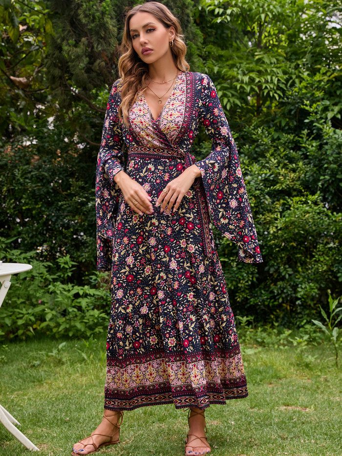 Printed V-Neck Flared Sleeves Mid Waist Tie Panel Vacation Dresses
