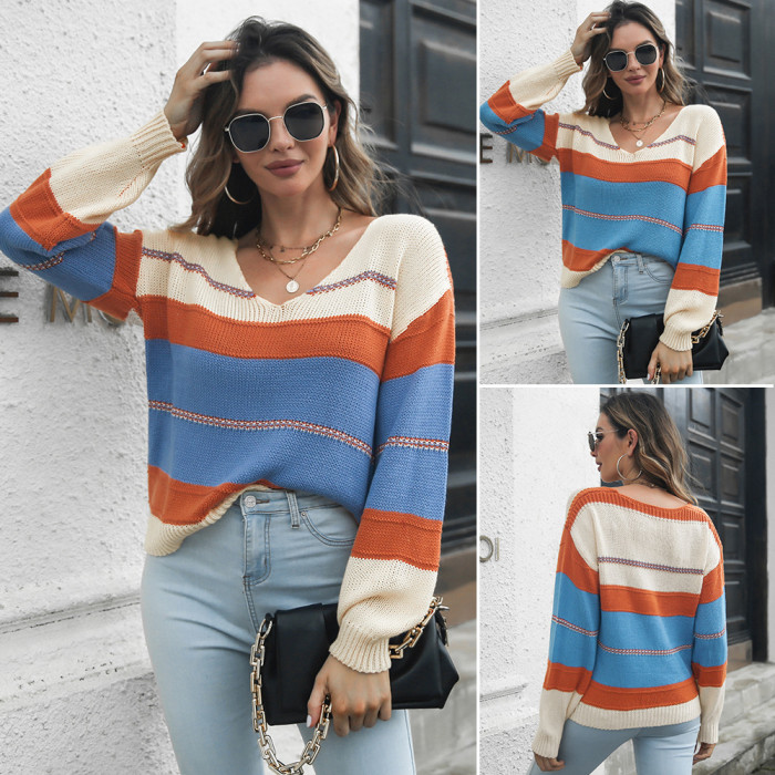 Women V-Neck Striped Color Block Casual Sweater