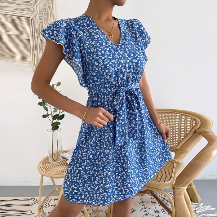 Fashion A-Line Elegant Floral V-Neck Loose Mini Dress