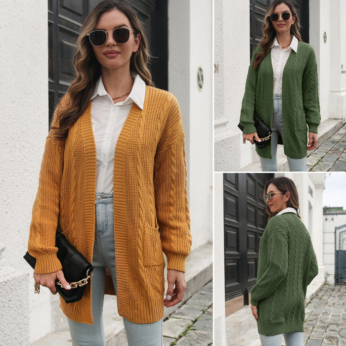 Casual Fashion Loose Solid Color Pocket Sweaters  Cardigans