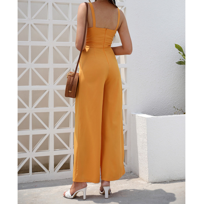 Yellow V-Neck Suspenders Open-Back Casual Jumpsuits