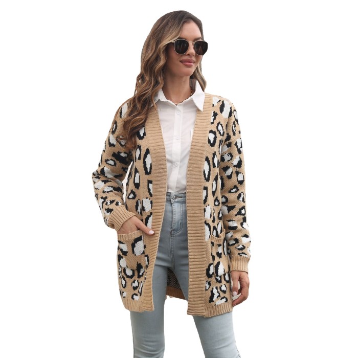 Women Fashion Leopard Pattern Loose Knitted Cardigan