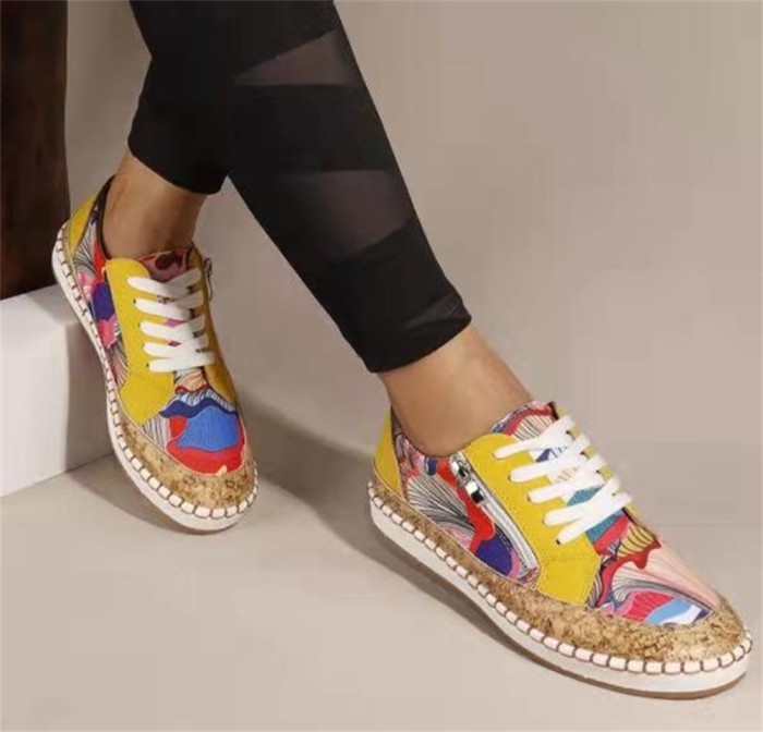 Women's Zipper Lace Up Casual Floral Sneakers
