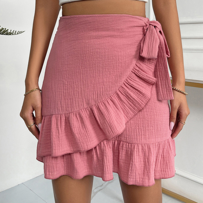 Sexy Ruffle Tie Sweet Solid Fashion Mini Skirt
