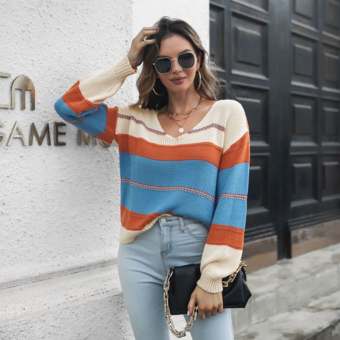 Women V-Neck Striped Color Block Casual Sweater