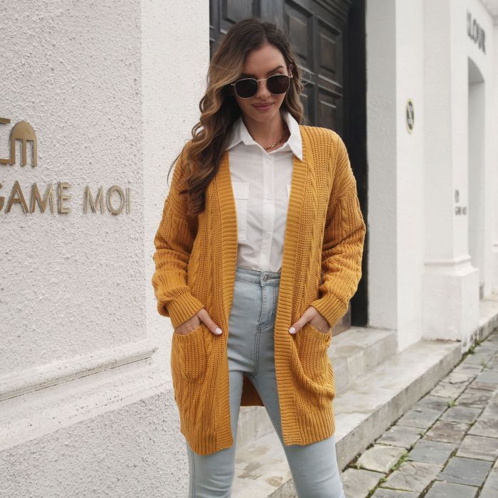 Casual Fashion Loose Solid Color Pocket Sweaters  Cardigans