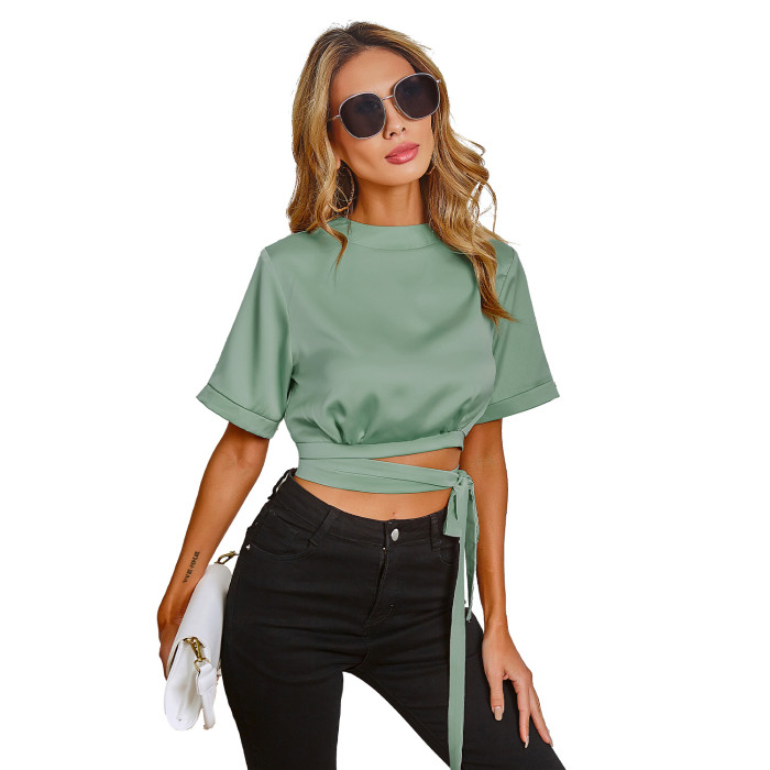 Fashion Solid Color Sexy Cutout Bandage Cropped Navel Party Women's Blouse Shirts