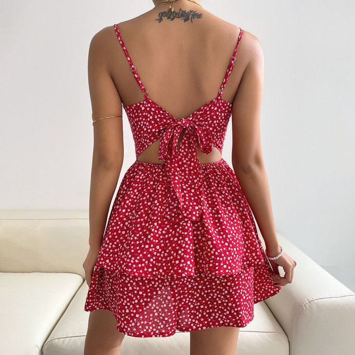 Sexy Polka Dot Sling Pleated Fashion Backless Elegant Mini Dress