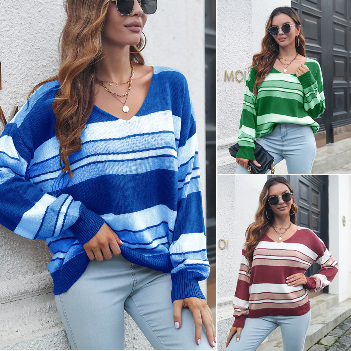 Women Striped Splicing Color V Neck Loose Sweaters