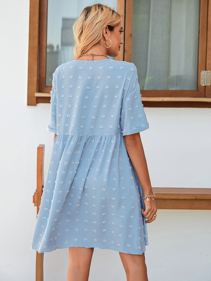 Casual Short Sleeve V-Neck Fashion Jacquard Loose Swing Mini Dress