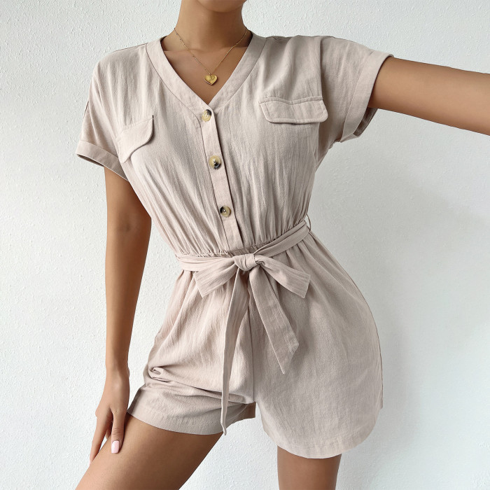 Women's Fashion Simple Belt Short Sleeve Solid Color Cotton  Rompers