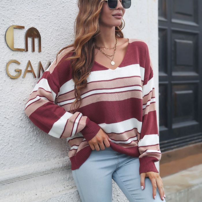 Women Striped Splicing Color V Neck Loose Sweaters