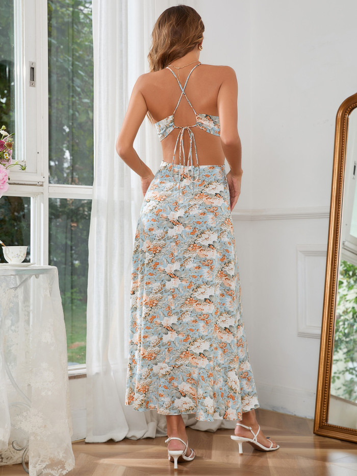 Sexy Fashion Floral Lace-Up Slit Open Back Sling Print Maxi Dresses