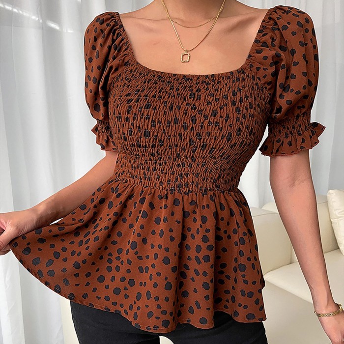 Women's Pleated Sexy Casual Puff Sleeves Square Neck Elegant  Blouse Shirts
