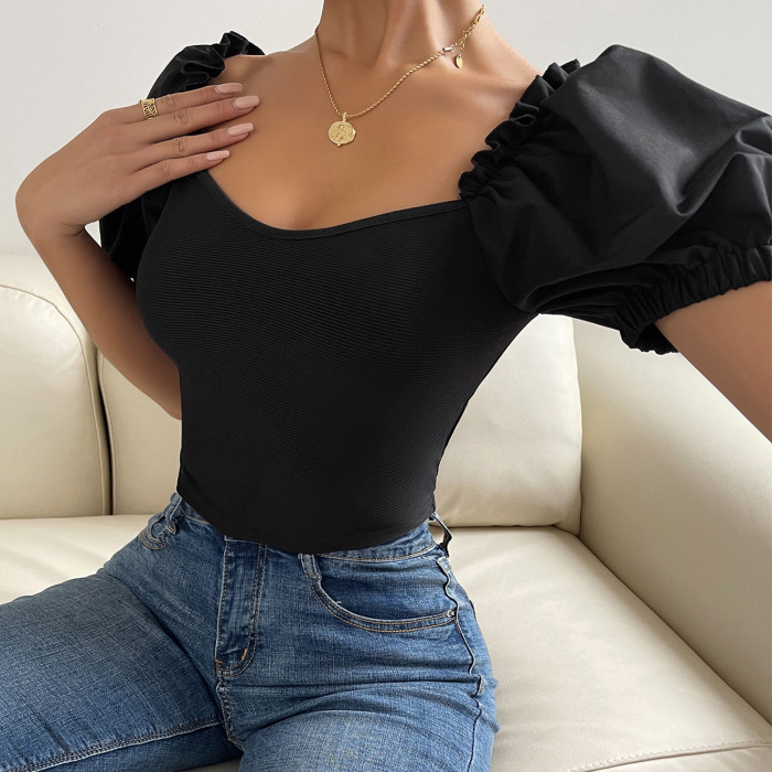 Women's Fashion Sexy Solid Color Slimming Puff Sleeve Navel Blouse
